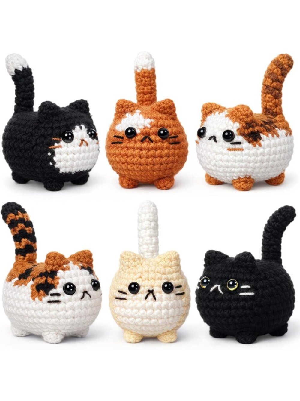 Handmade Crochet Cat Figurines Set of 6 - Cute Knitted Home Decor Collectibles